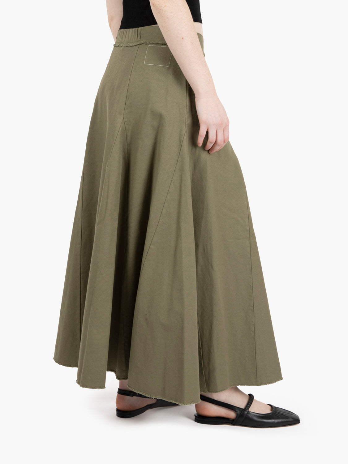 Military green long flared skirt