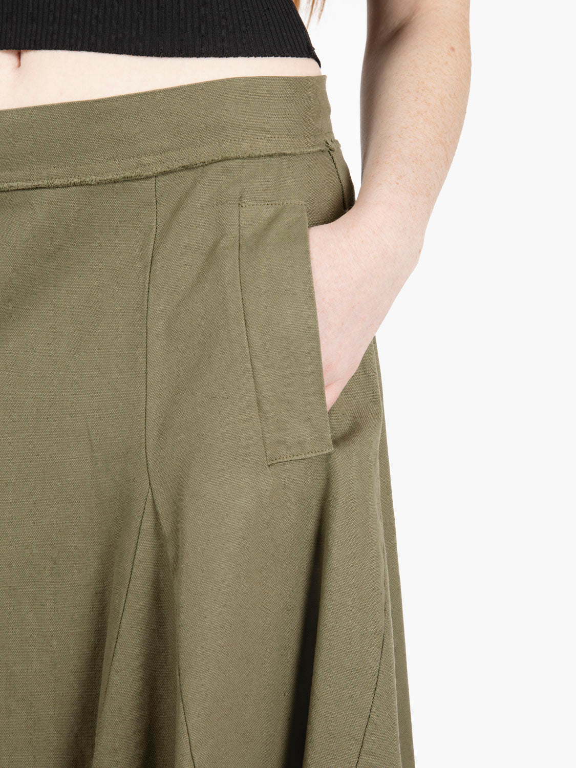 Military green long flared skirt