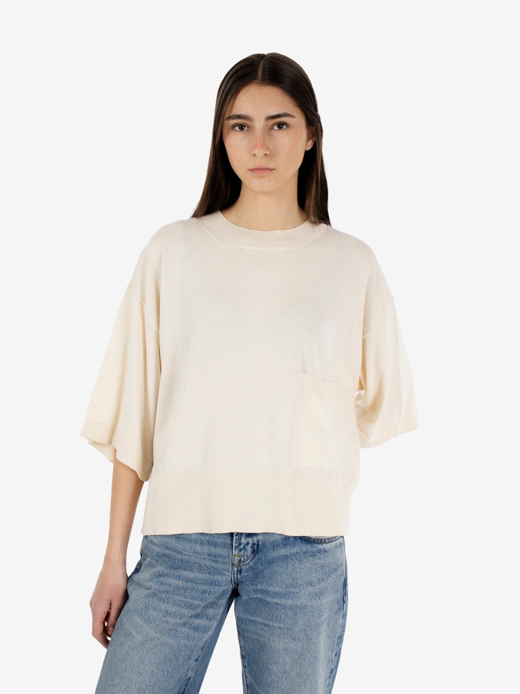 Maglia crop manica 3/4 gesso