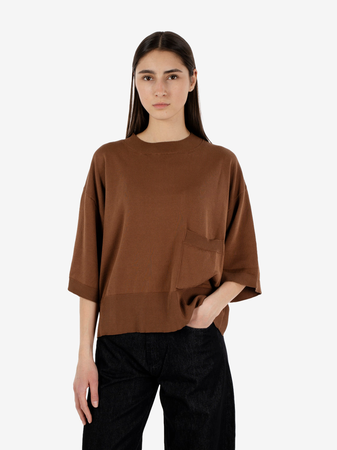 Maglia crop manica 3/4 tabacco