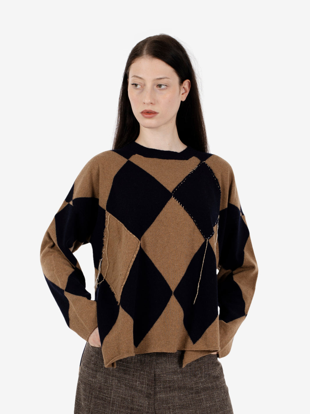 Maglione girocollo rombi cannella / blu