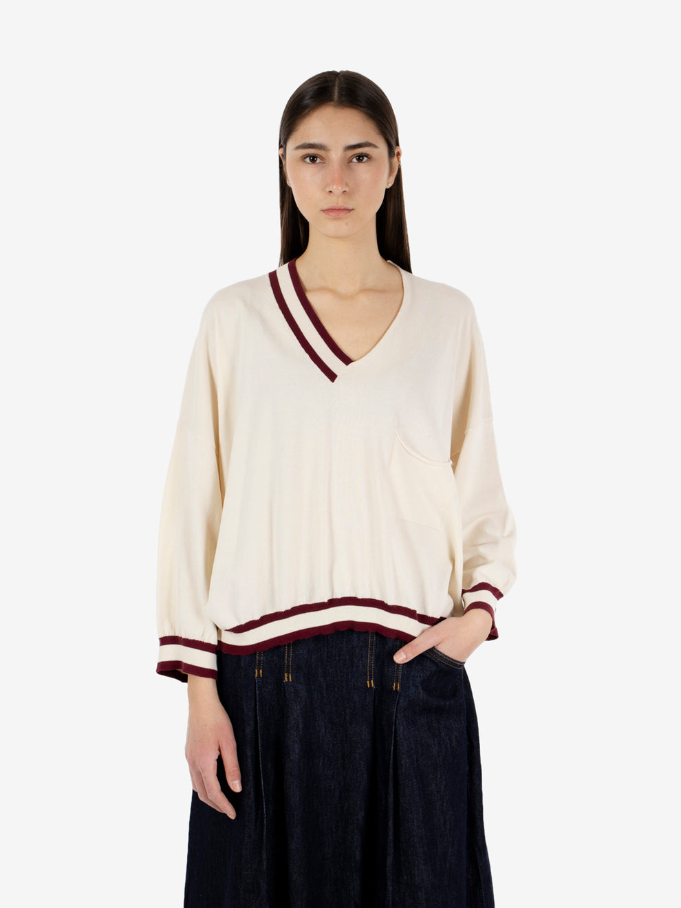 Maglione scollo V gesso / bordeaux