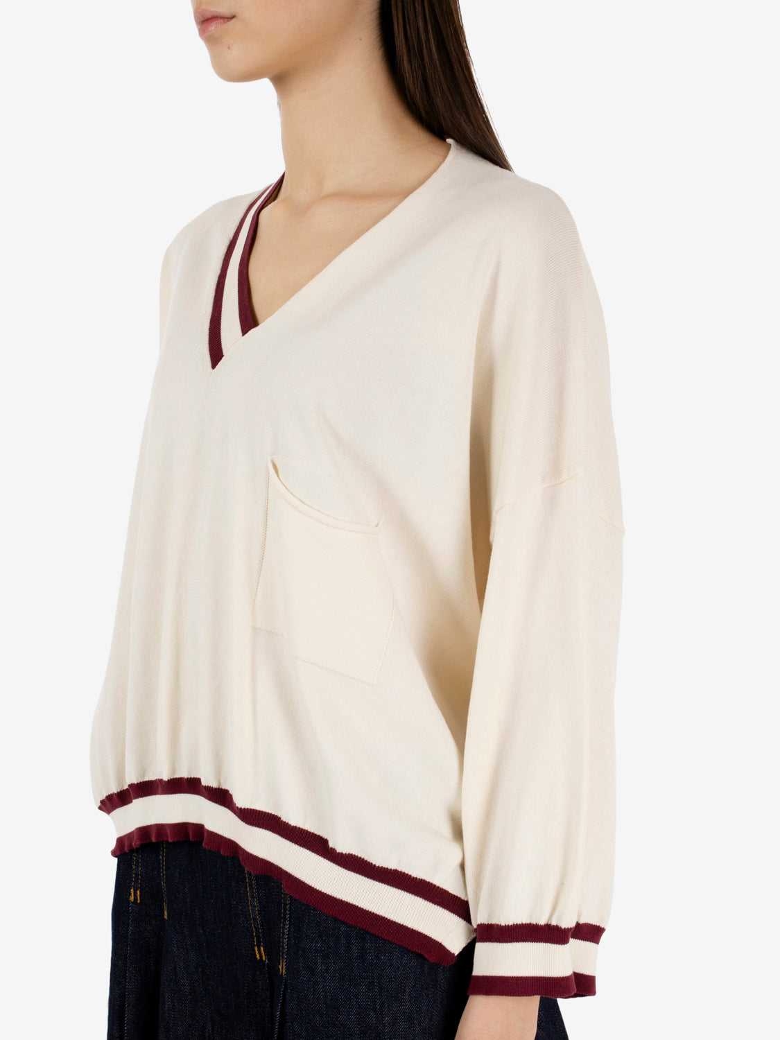 Maglione scollo V gesso / bordeaux