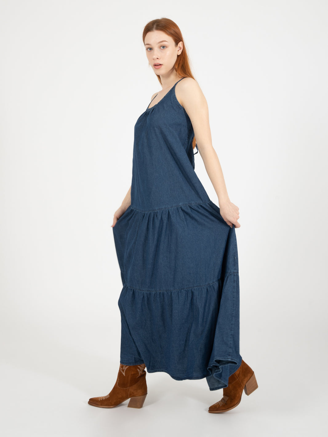 Abito lungo con balze denim scuro