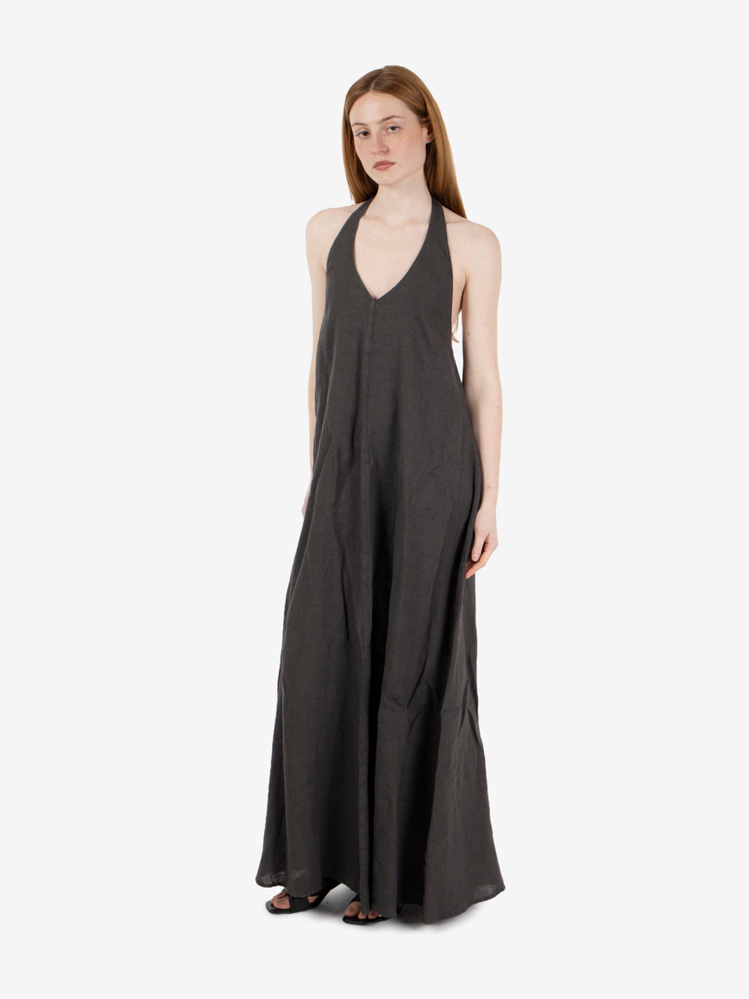 Long dark brown halter neck dress