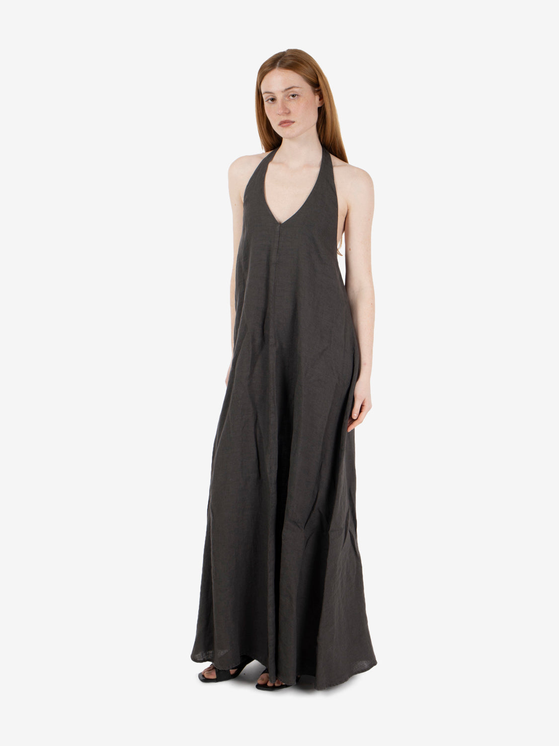 Long dark brown halter neck dress