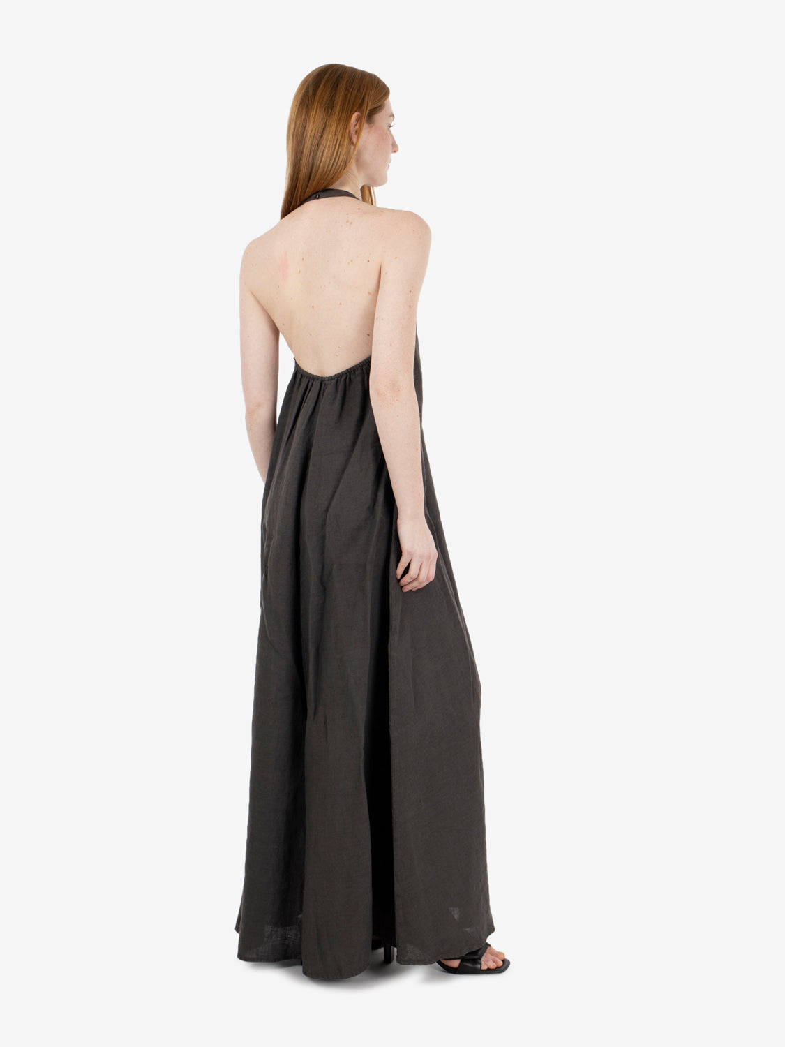 Long dark brown halter neck dress