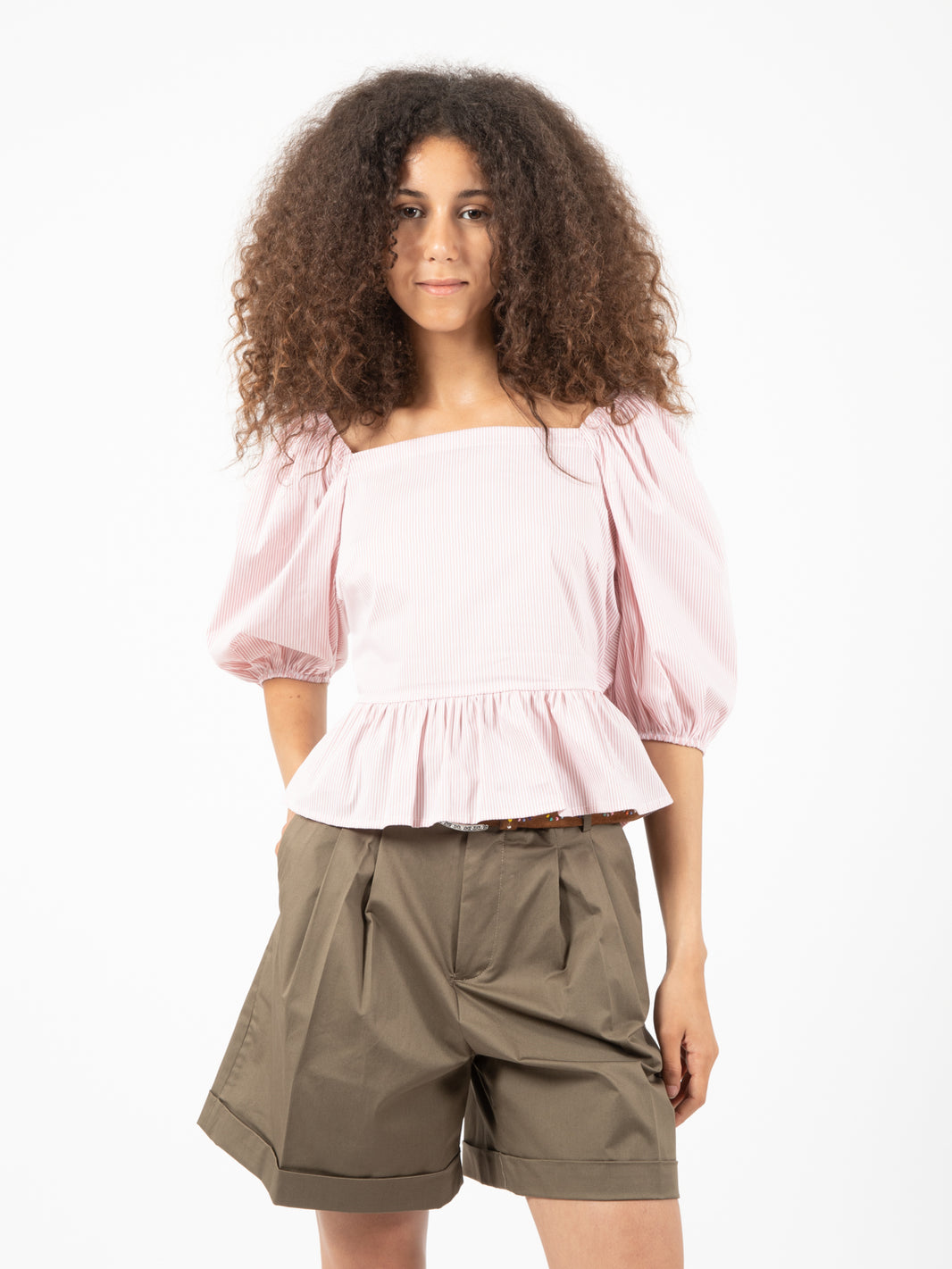 Blusa a righe con fiocco rosa antico