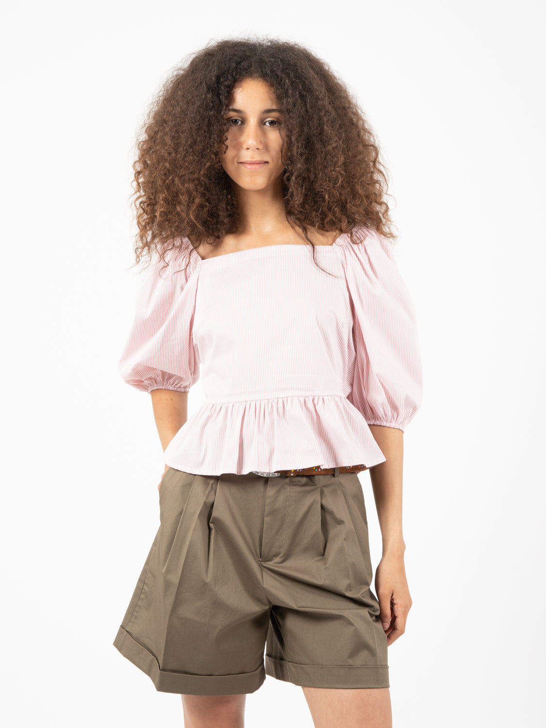 Blusa a righe con fiocco rosa antico