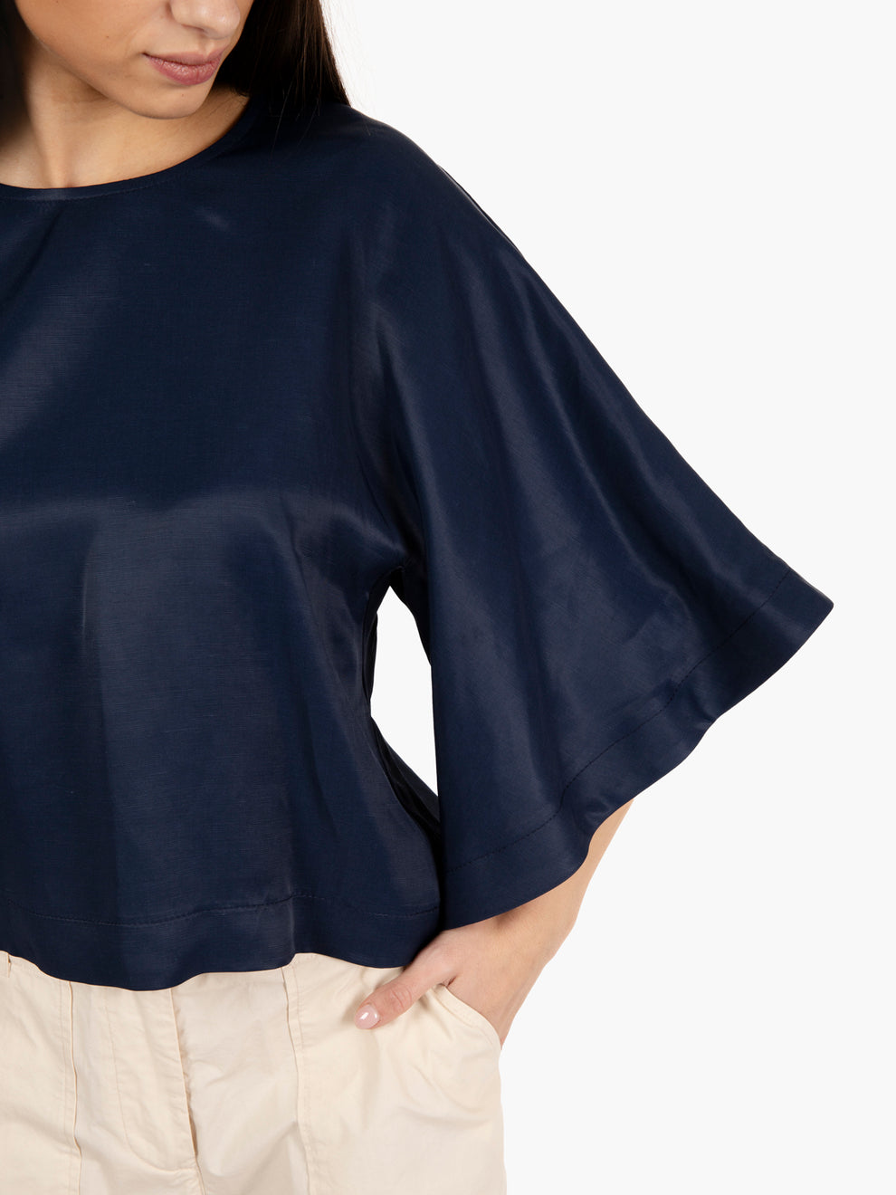 Blusa in viscosa e lino blu