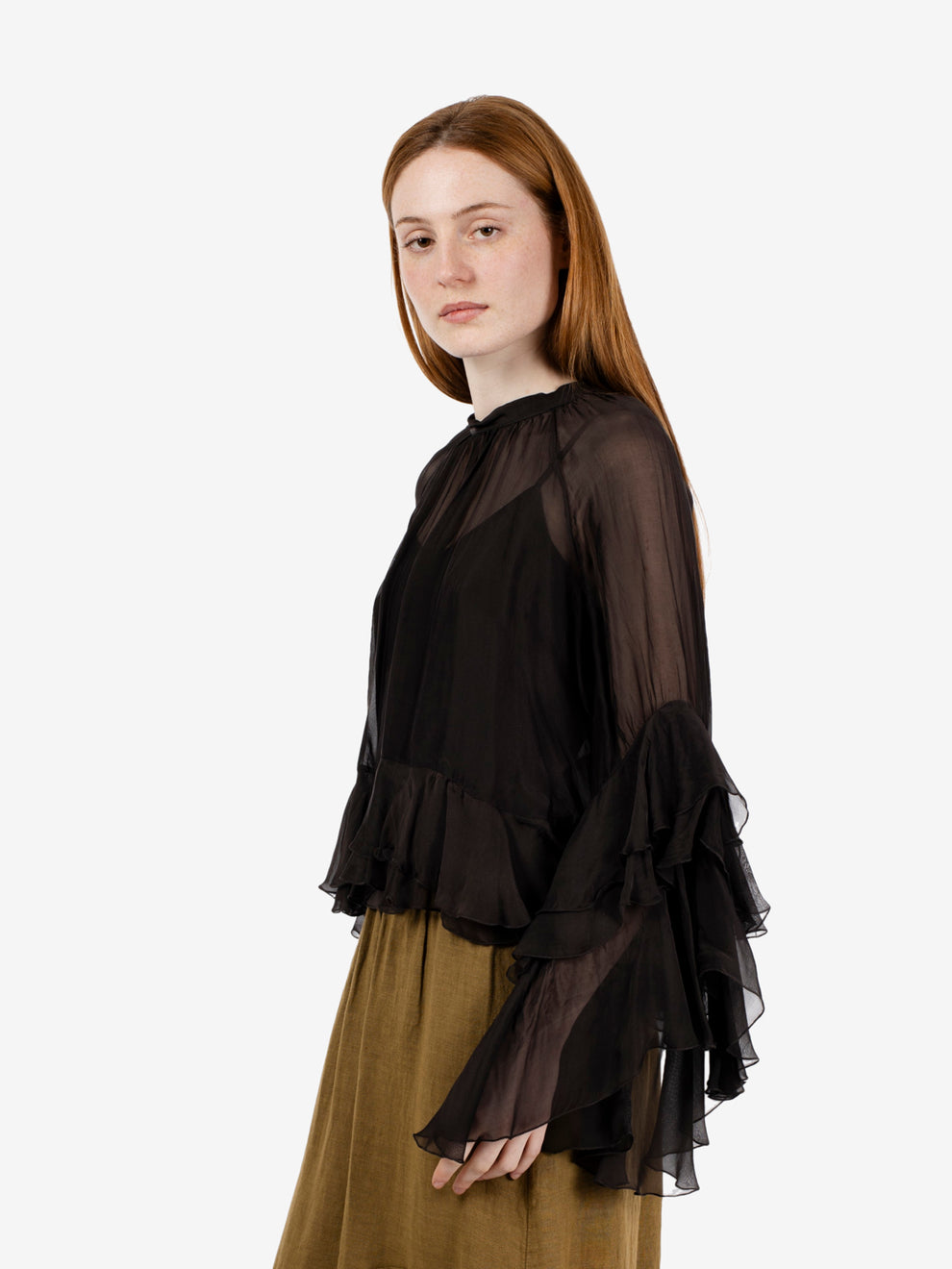 Dark brown muslin blouse with ruffles