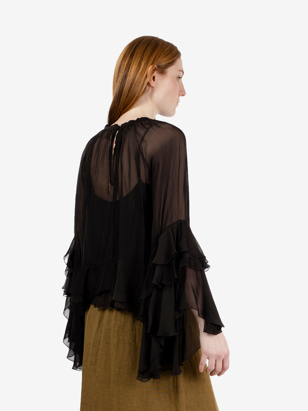 Dark brown muslin blouse with ruffles