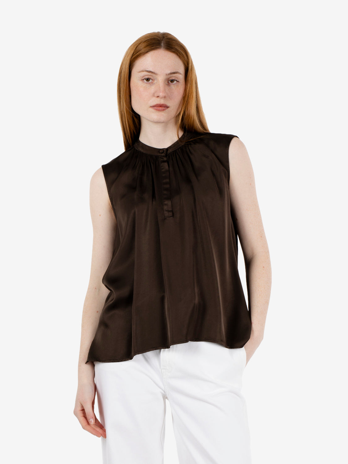 Sleeveless dark brown satin blouse