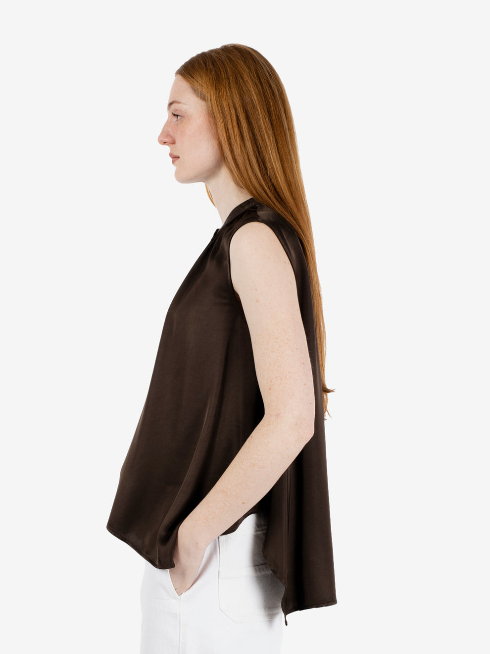 Sleeveless dark brown satin blouse