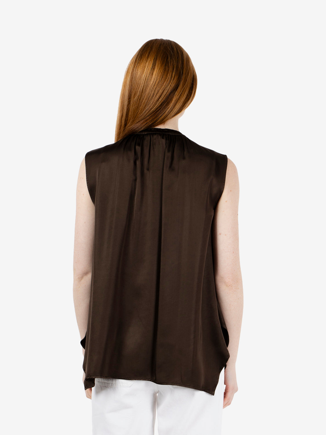 Sleeveless dark brown satin blouse