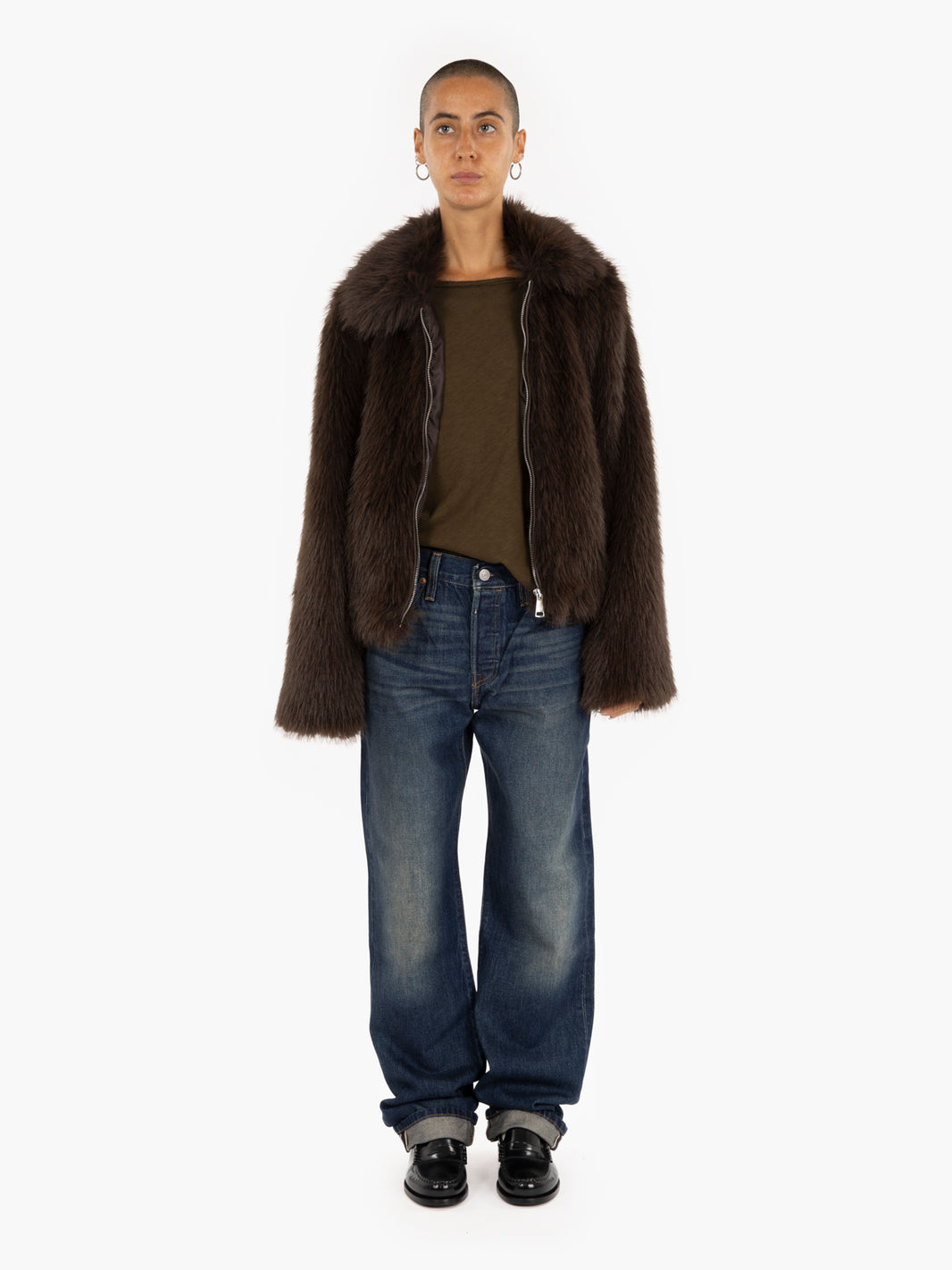 Dark brown faux fur bomber jacket