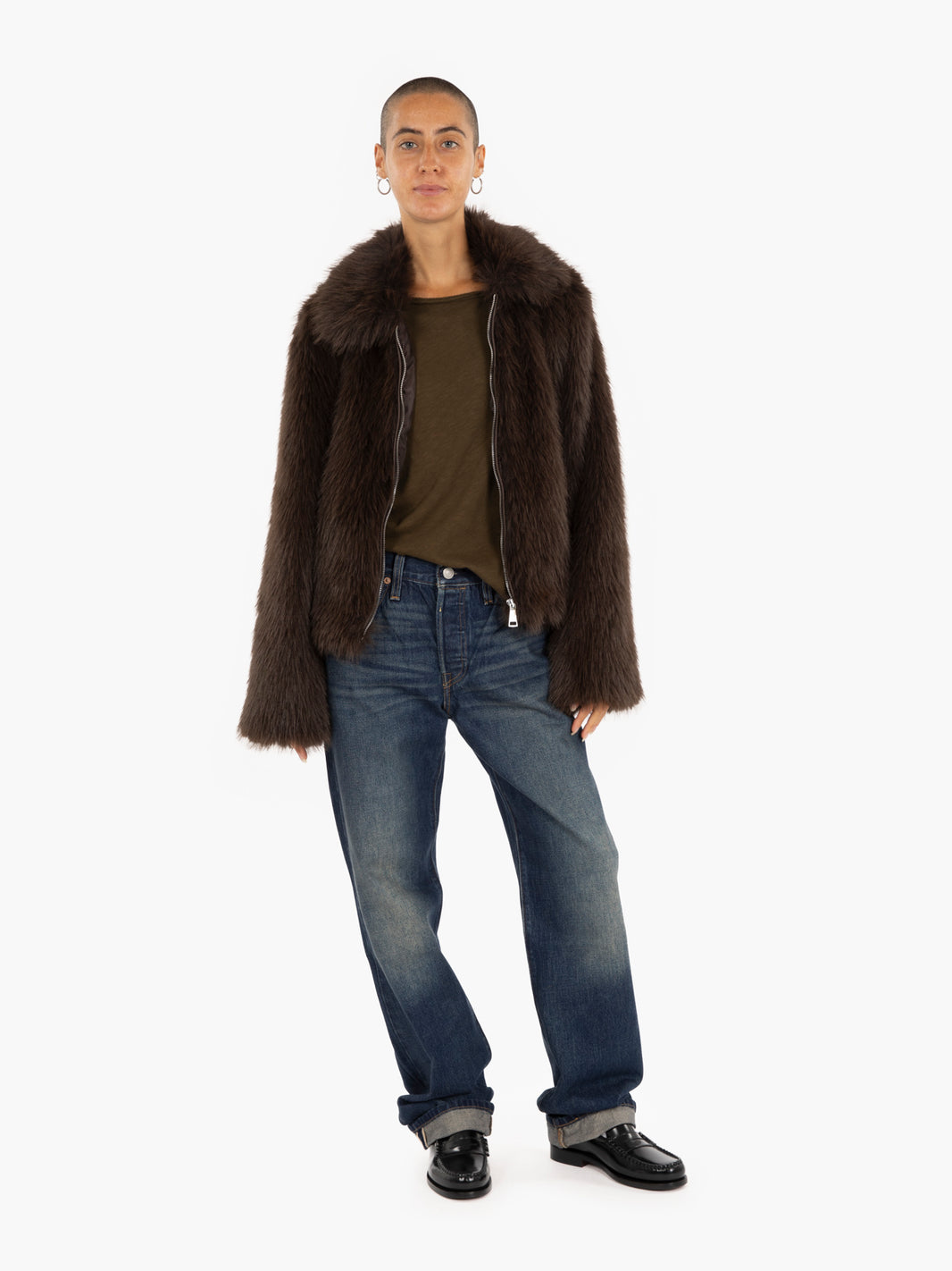 Dark brown faux fur bomber jacket