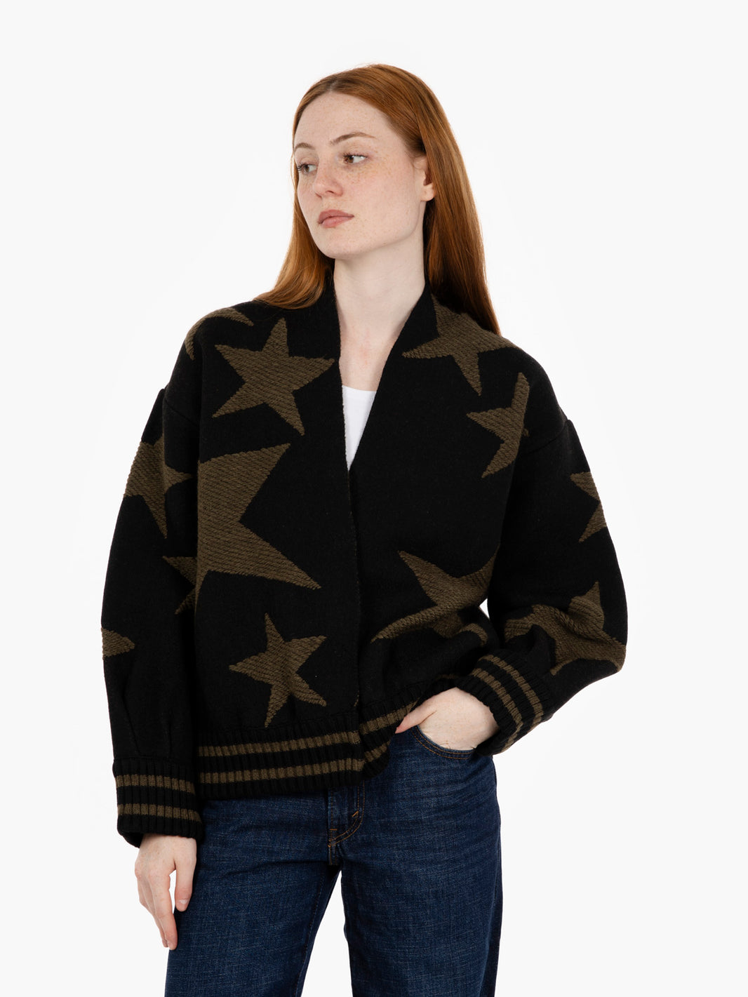 Black/Green Knitted Bomber Jacket with Stars