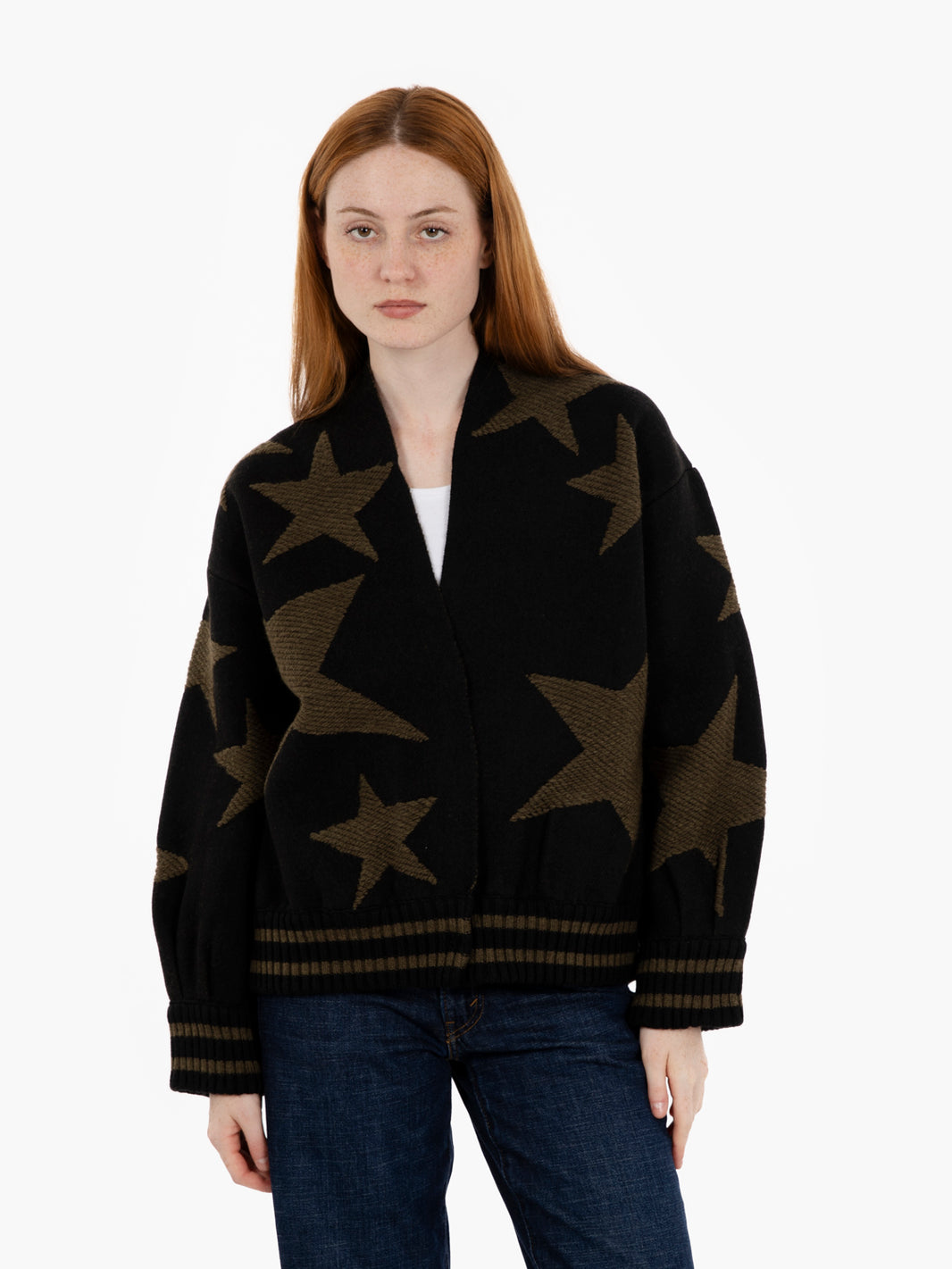 Black/Green Knitted Bomber Jacket with Stars