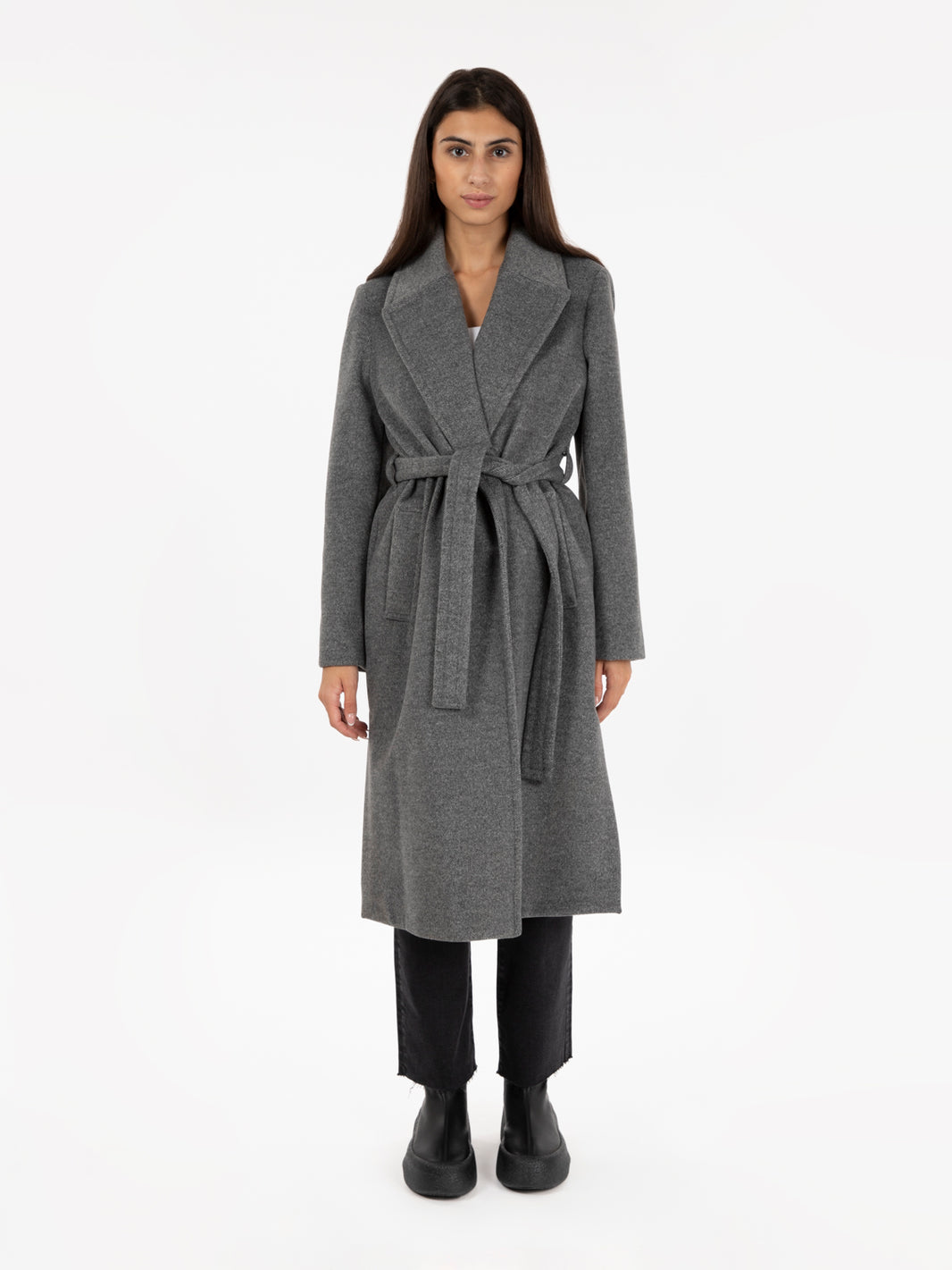 Cappotto con cintura grigio melange