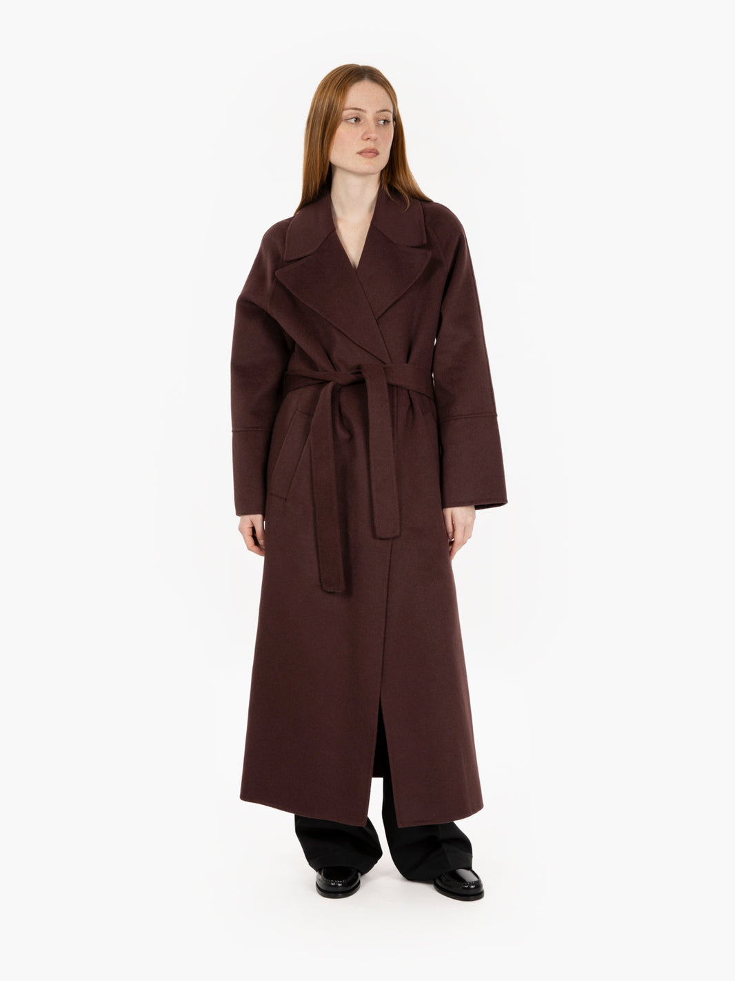 Coat with burgundy sash