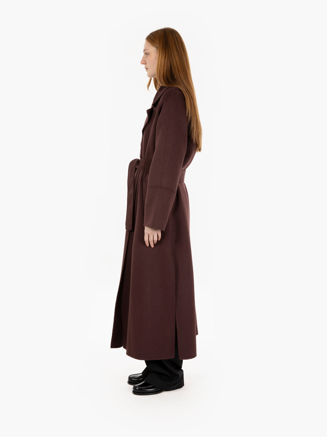 Coat with burgundy sash
