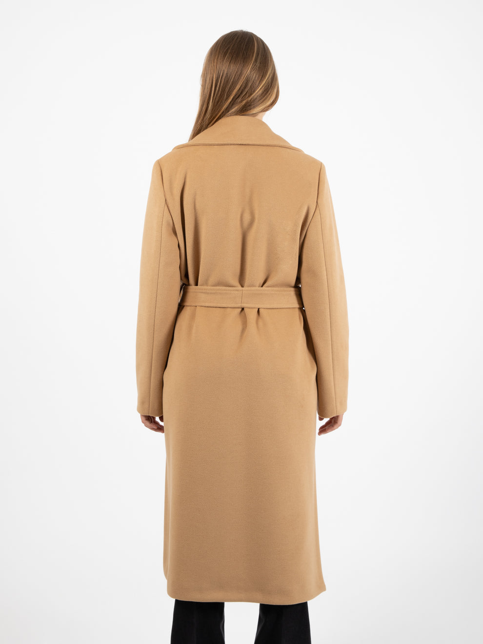 Cappotto lungo con cintura cammello