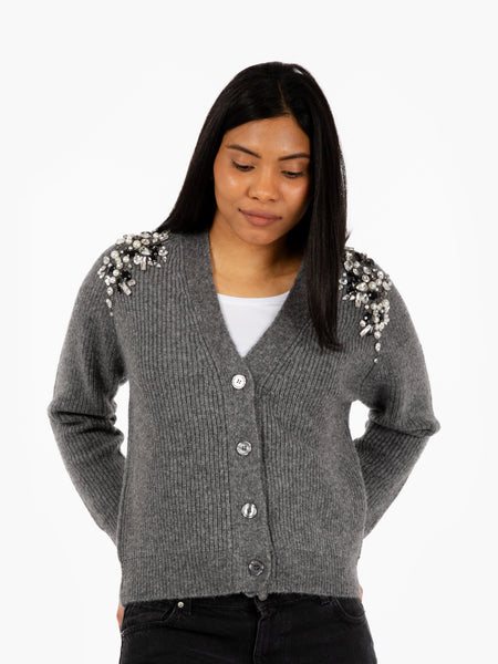 Cardigan con gioielli su spalle grigio scuro