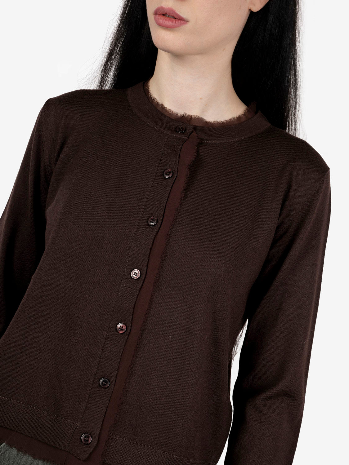 Wool cardigan with dark chocolate trim