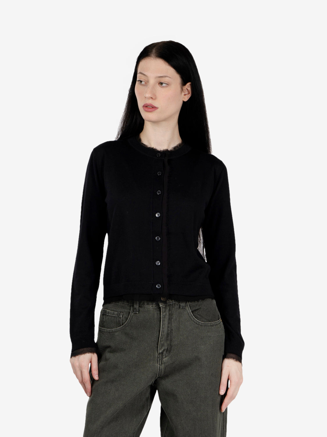Cardigan in lana con profili nero