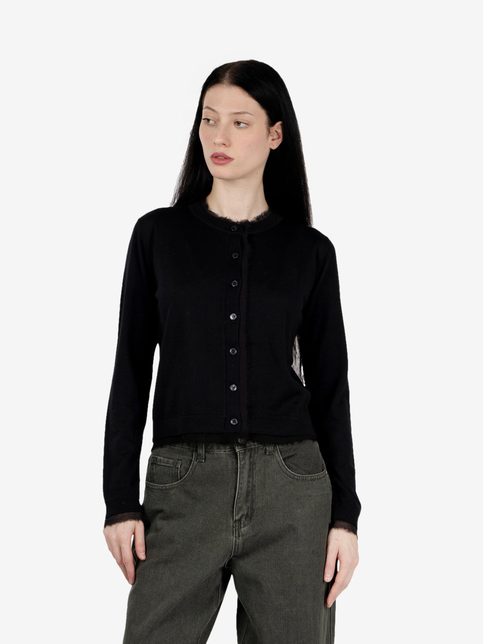 Cardigan in lana con profili nero