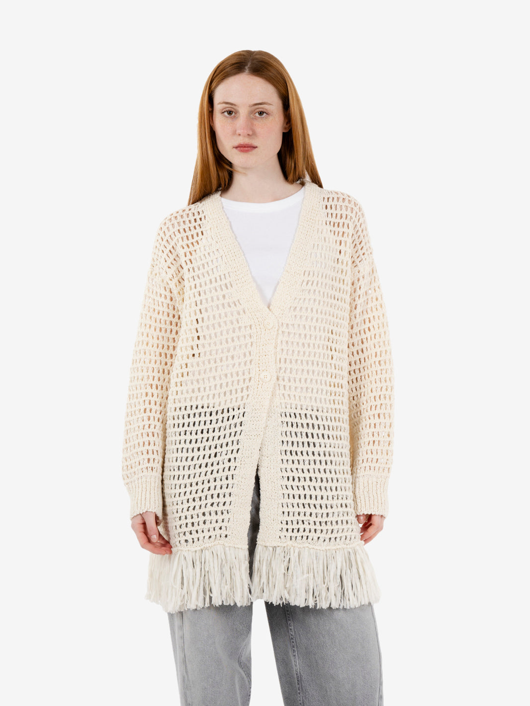 Cardigan traforato in maglia burro