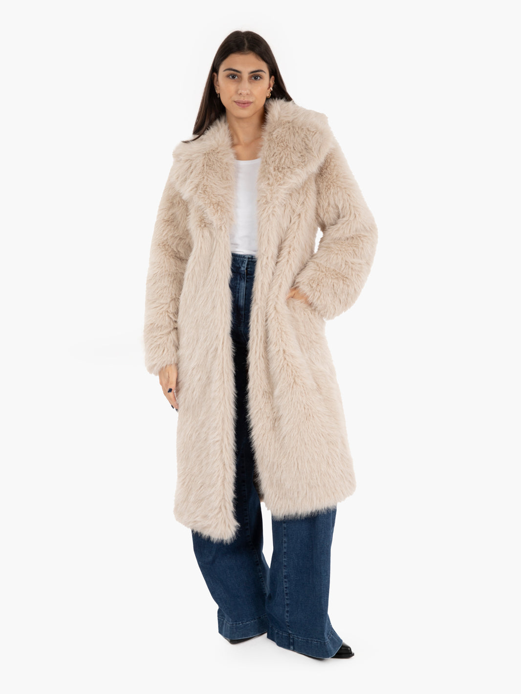 Long eco fur coat Kasha beige