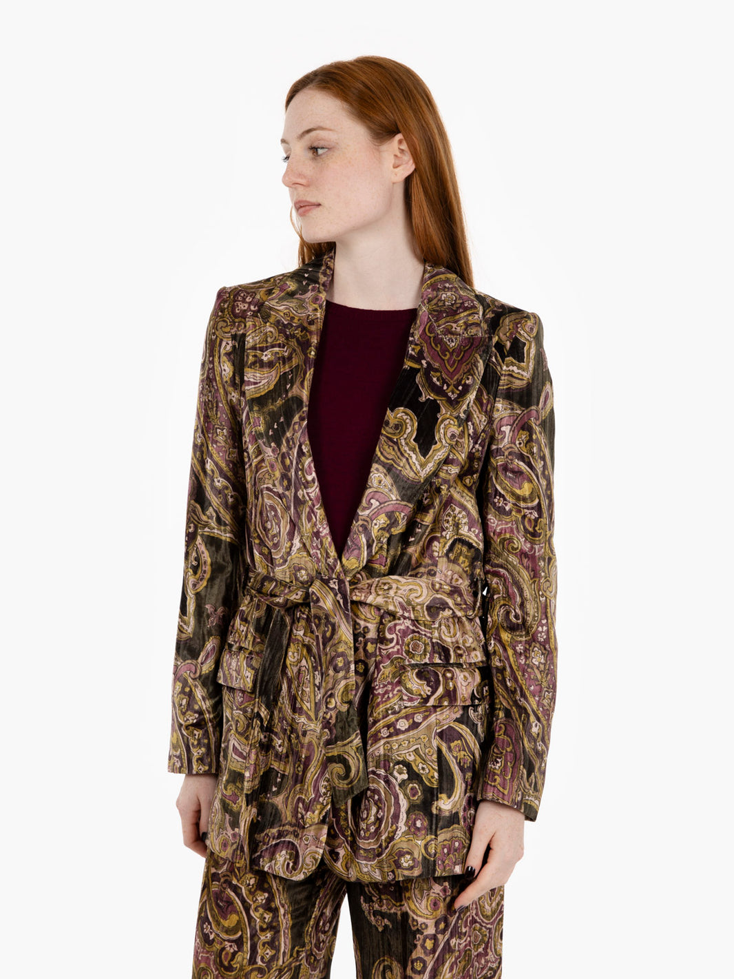 Multicolor printed velvet belted jacket