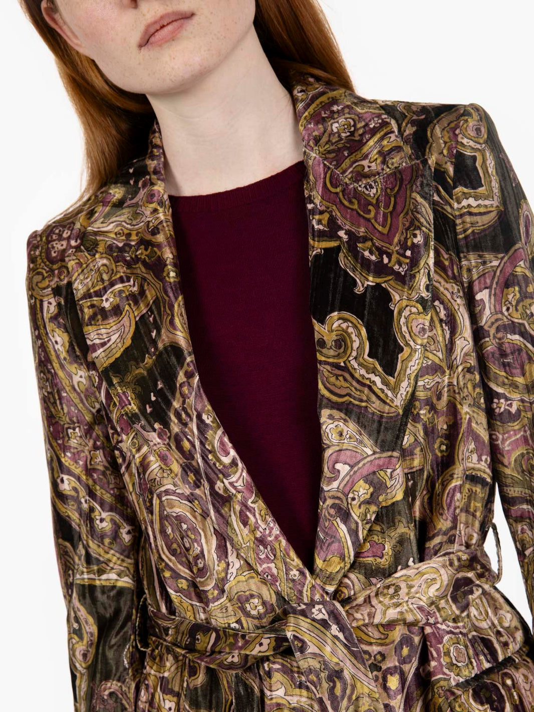 Multicolor printed velvet belted jacket