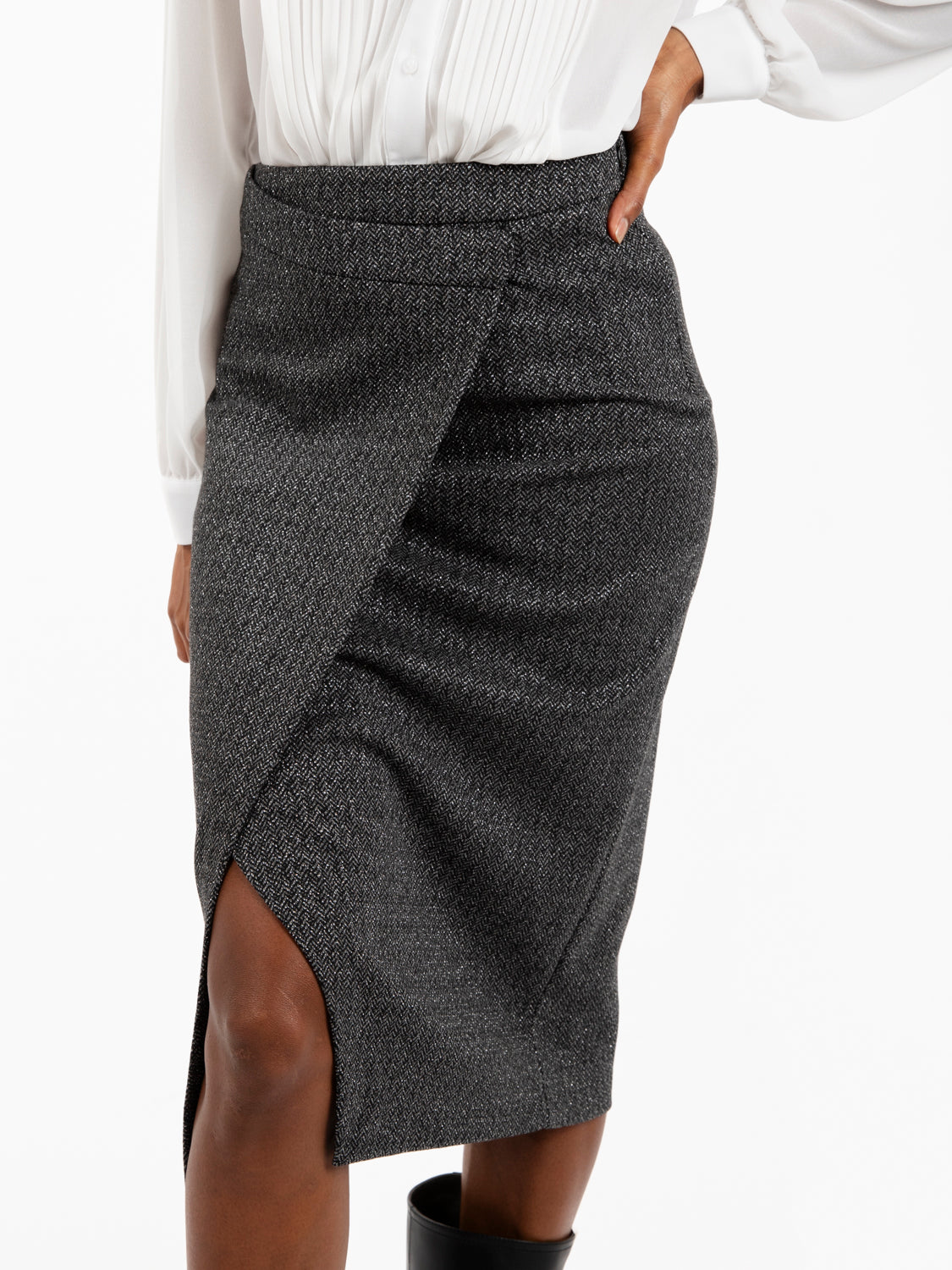 Black Lurex Wrap Midi Skirt