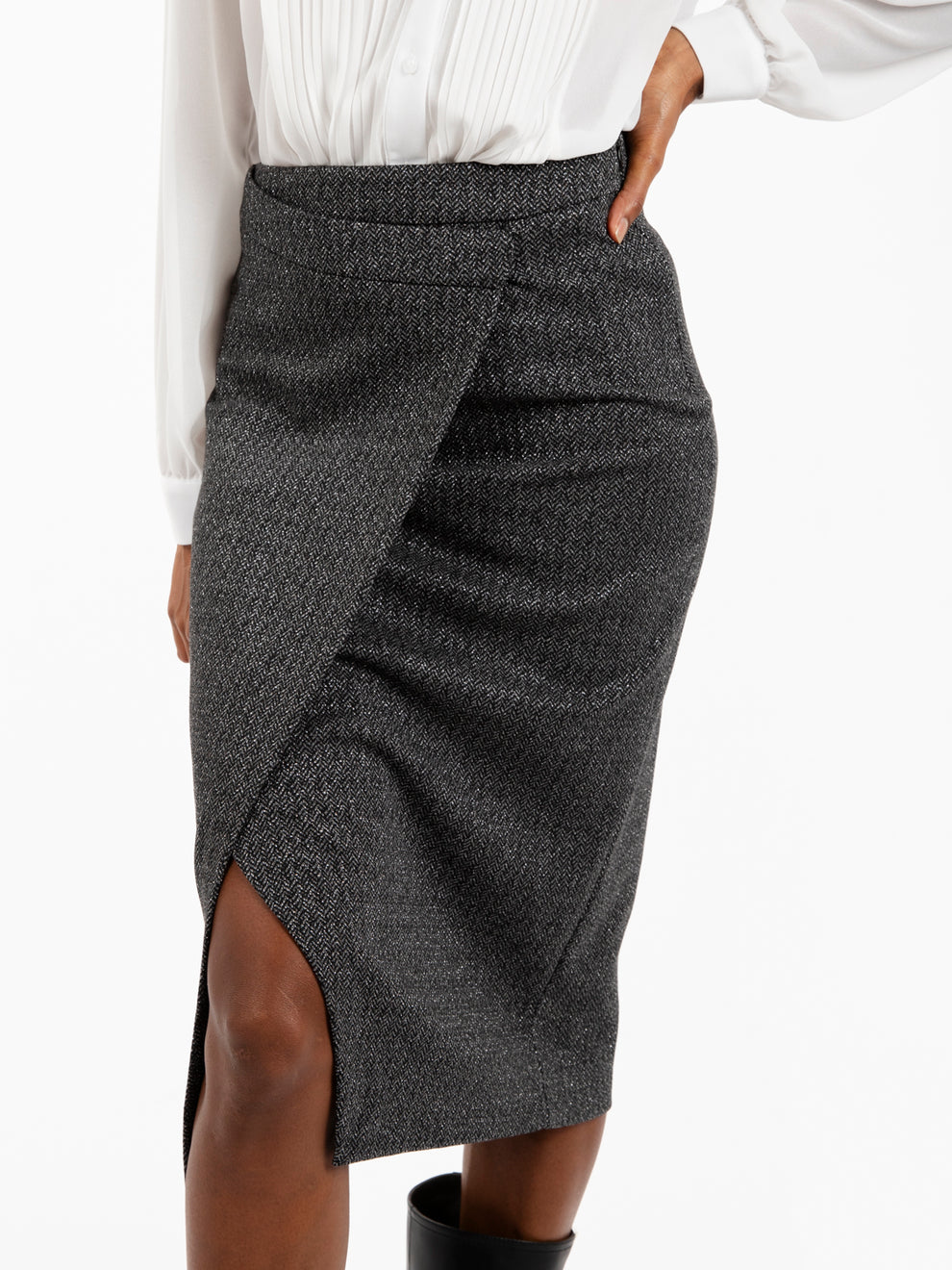 Black Lurex Wrap Midi Skirt