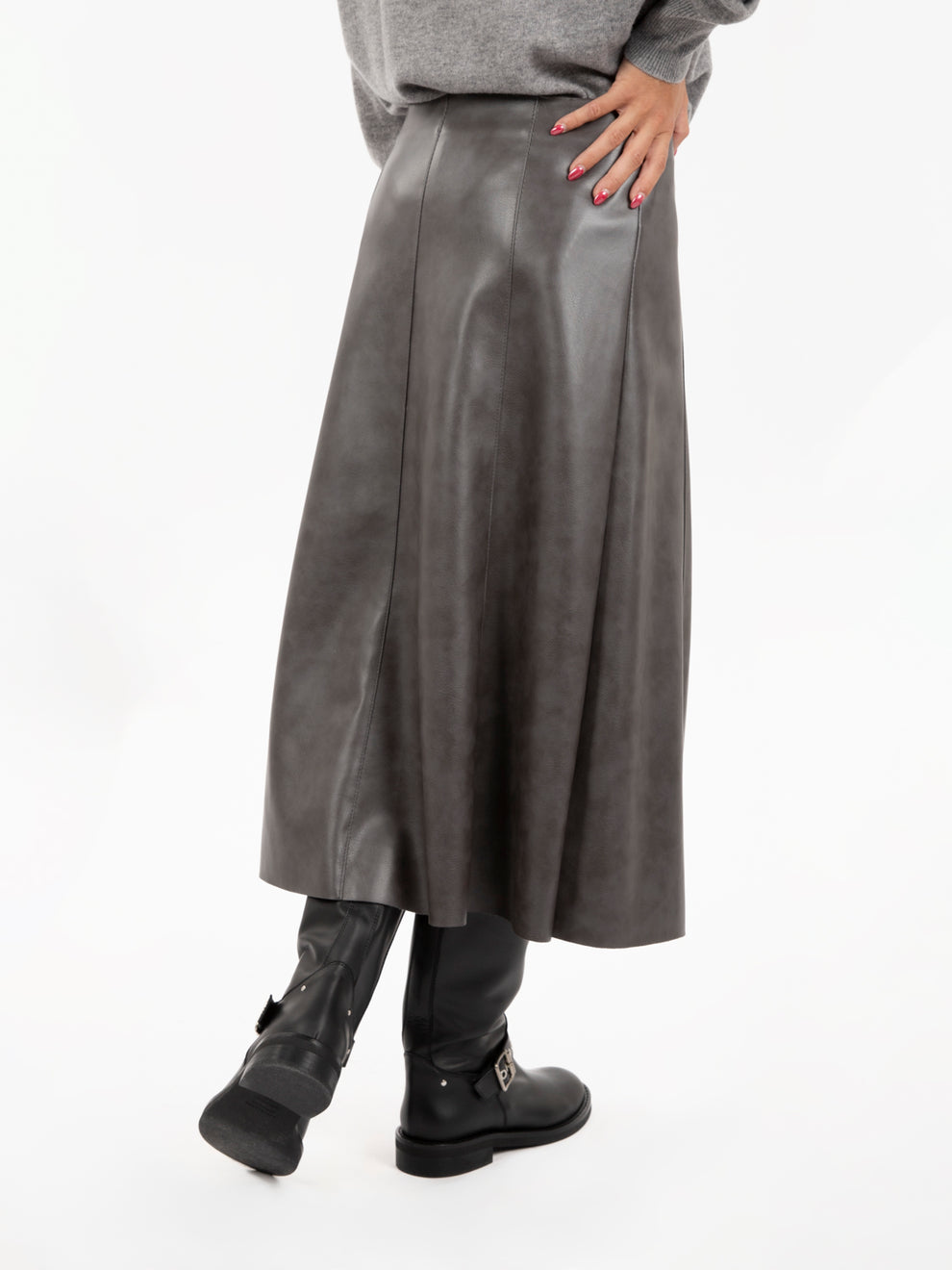 Grey faux leather midi skirt