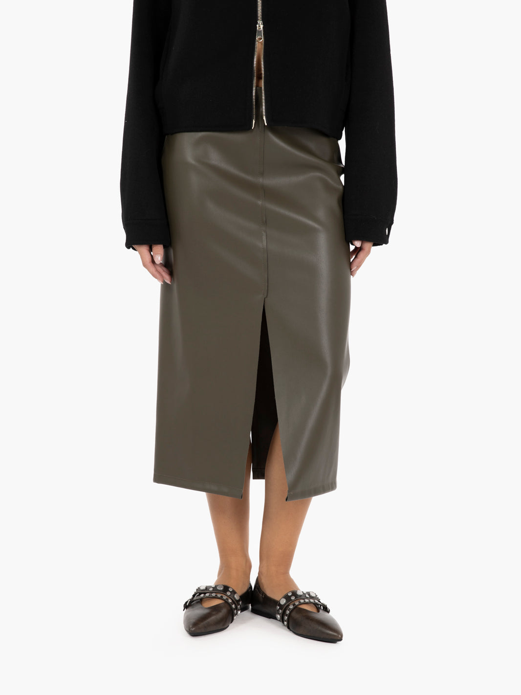 Military faux leather midi skirt