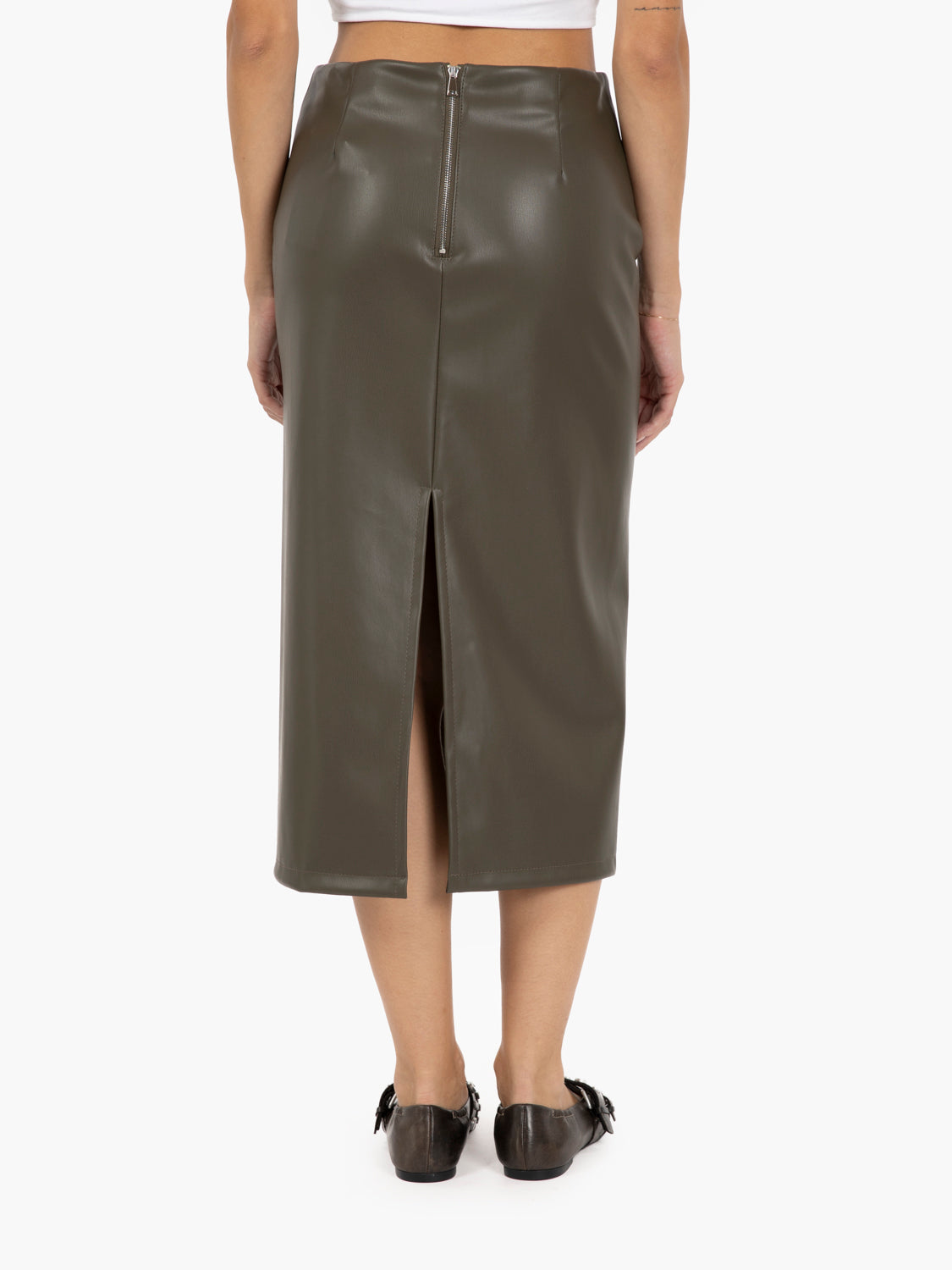 Military faux leather midi skirt
