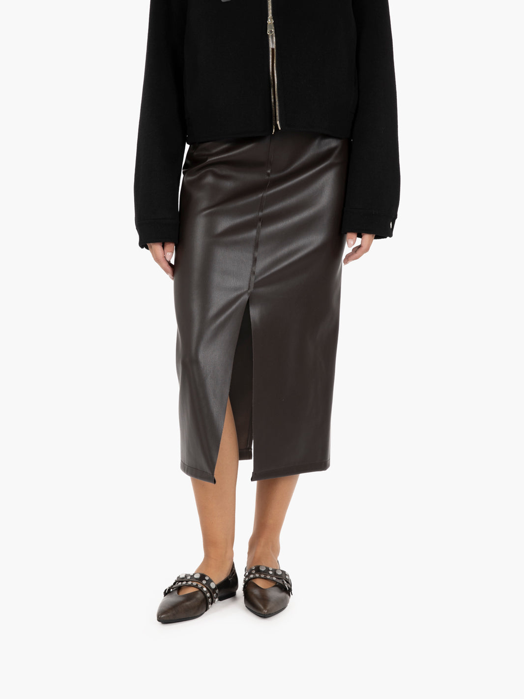 Dark brown faux leather midi skirt