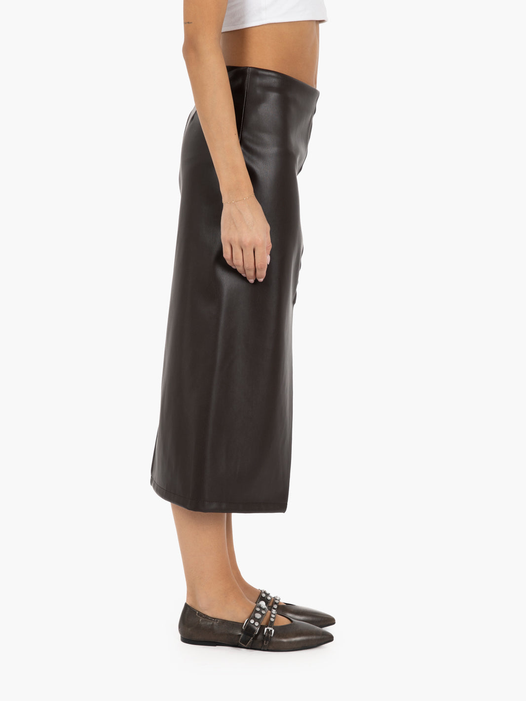 Dark brown faux leather midi skirt
