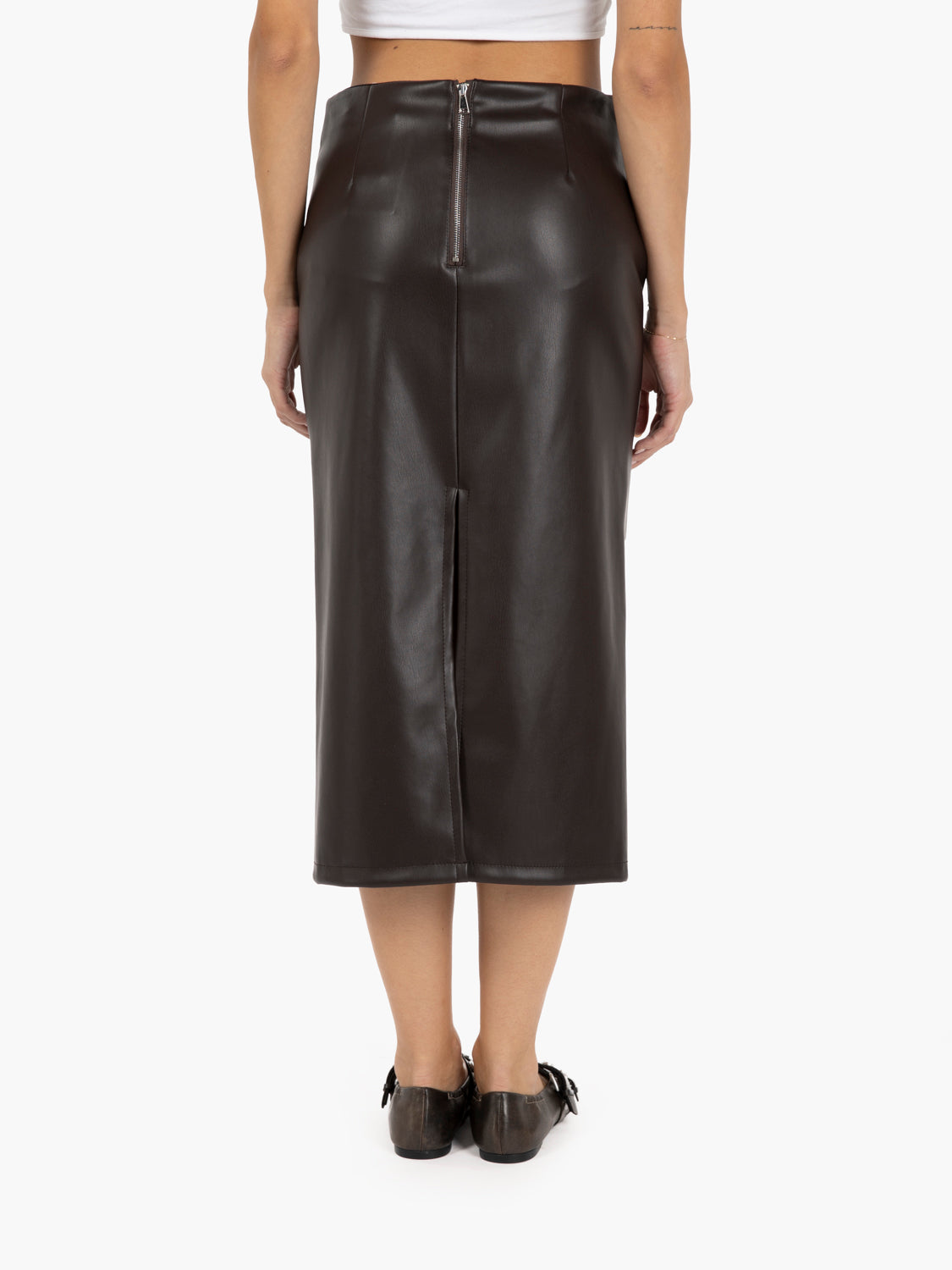 Dark brown faux leather midi skirt