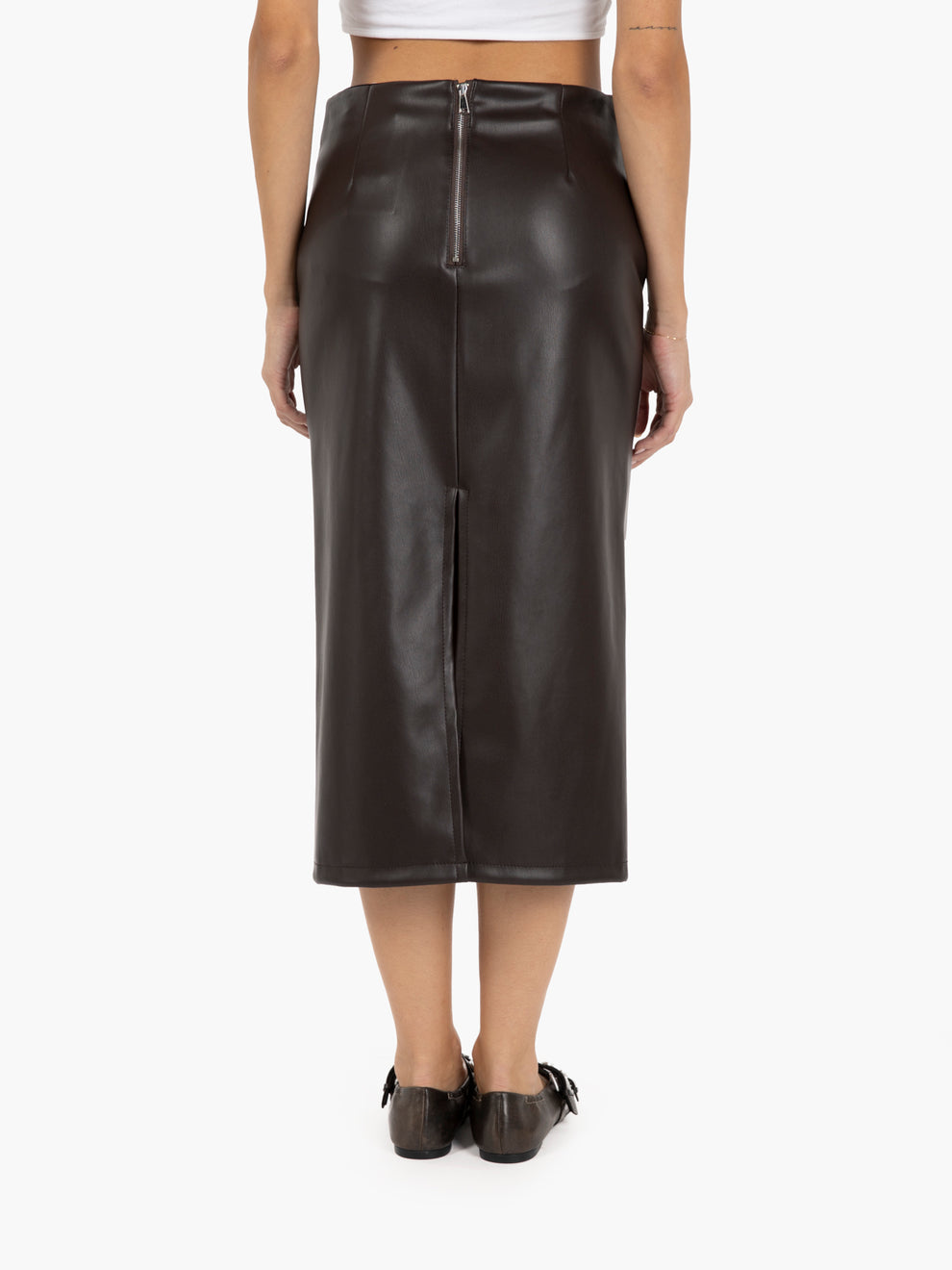 Dark brown faux leather midi skirt