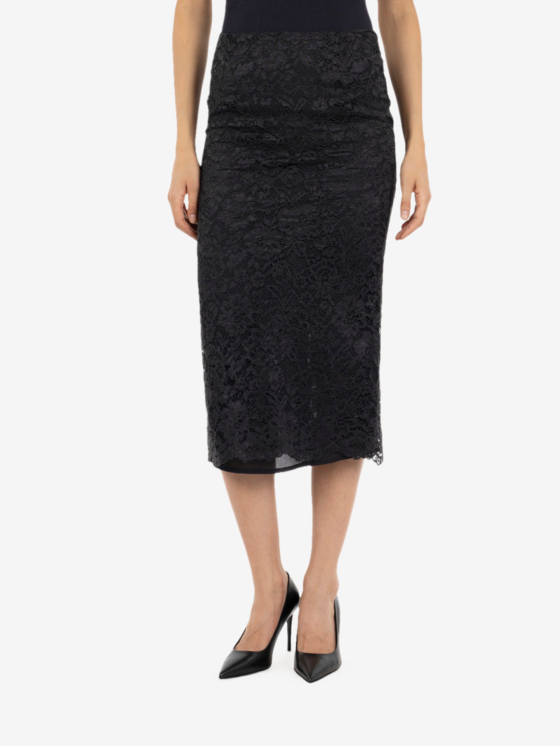 Gonna midi in pizzo floreale nero