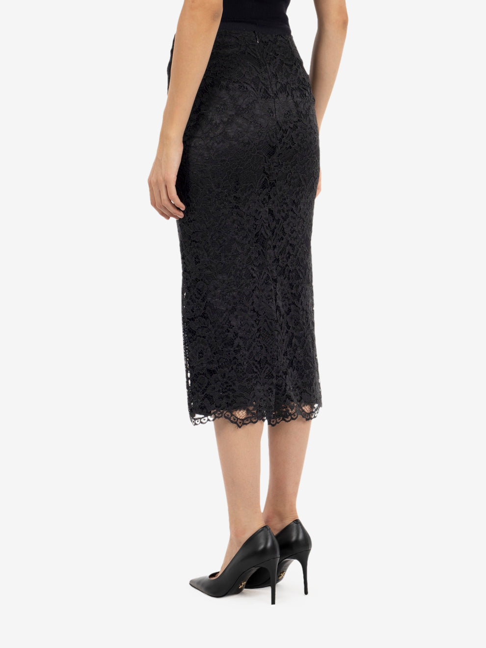 Gonna midi in pizzo floreale nero