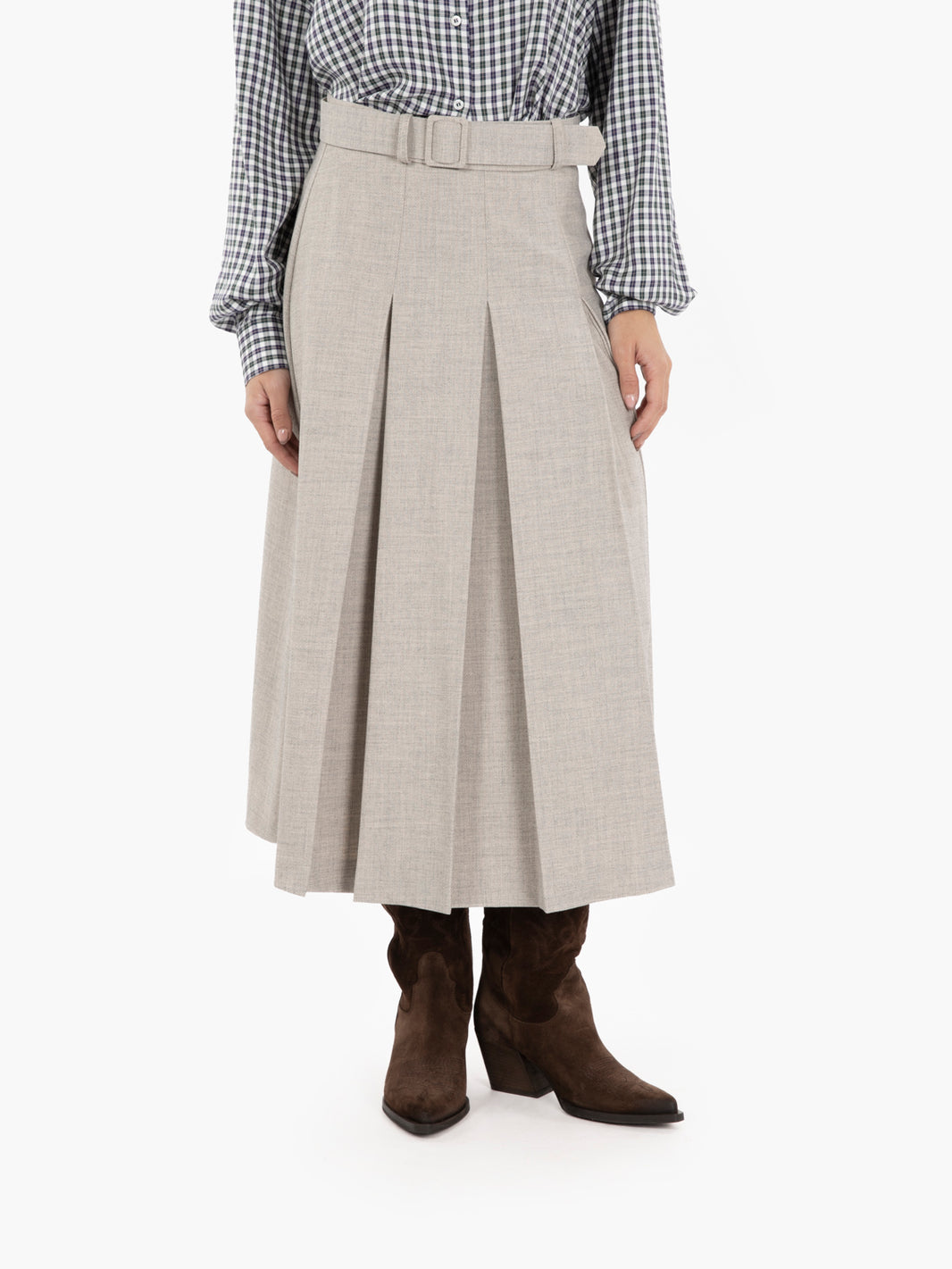 Beige pleated midi skirt