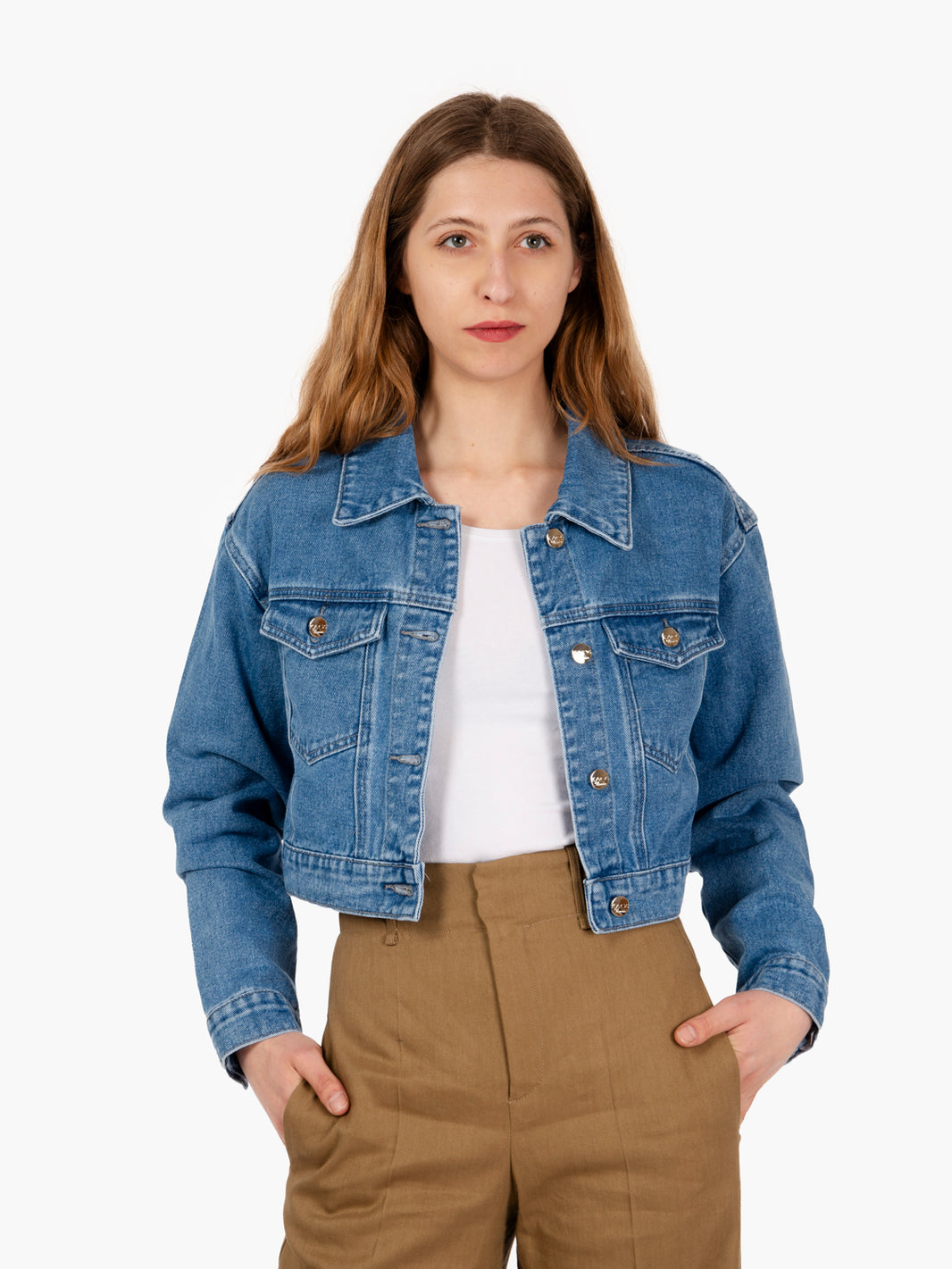 Giacca crop in denim medio