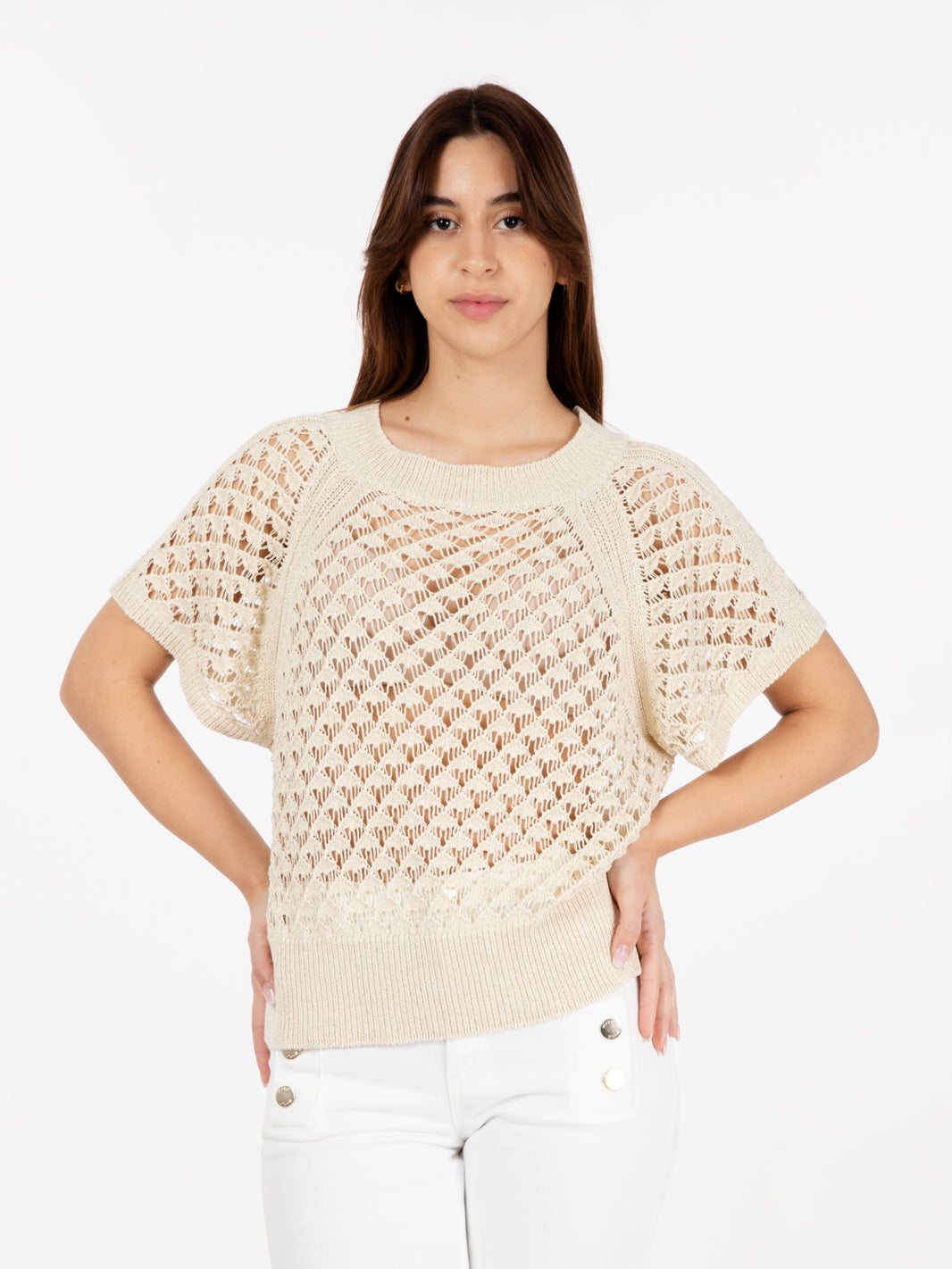 Maglia crochet a manica corta beige
