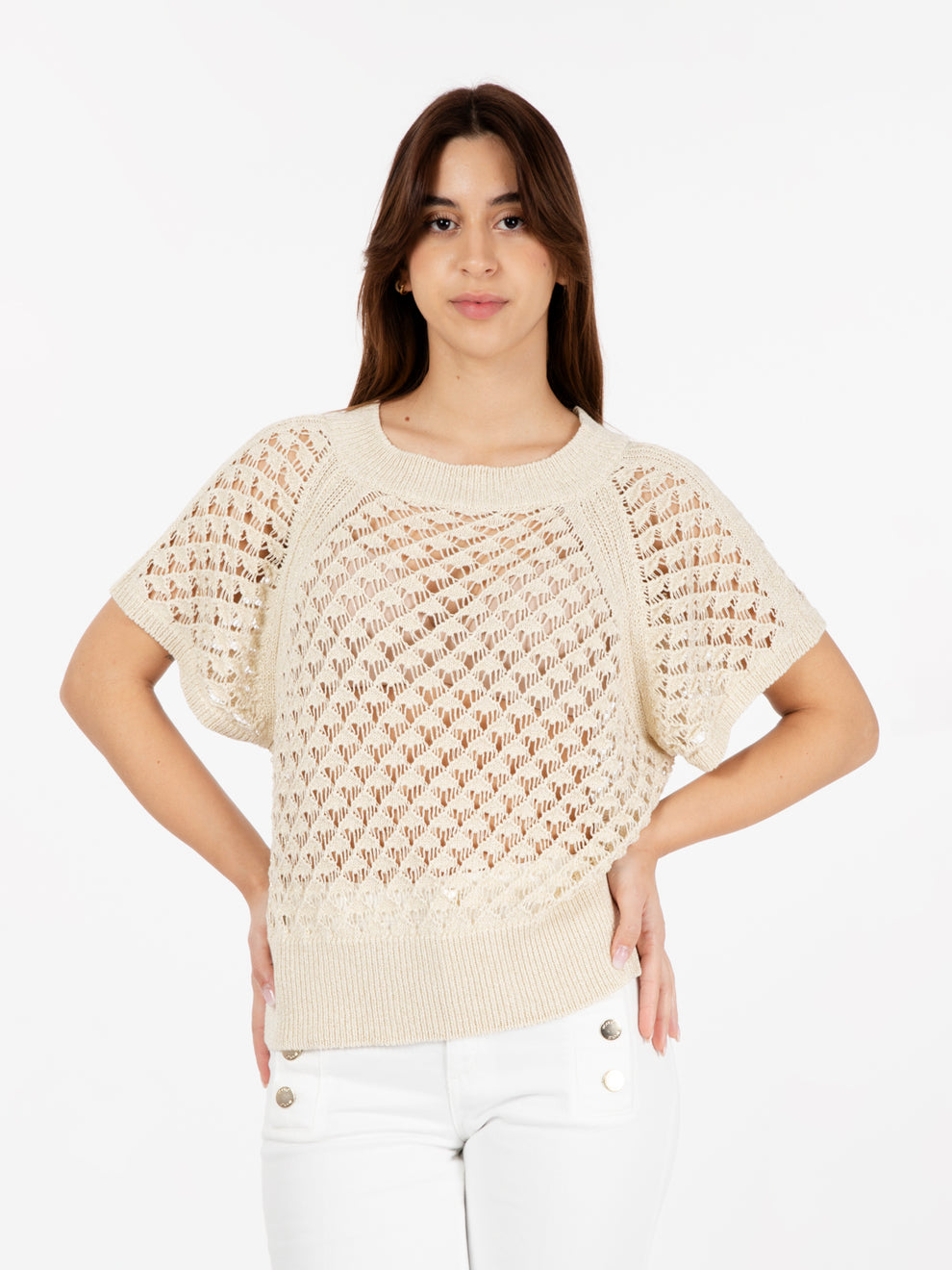 Maglia crochet a manica corta beige